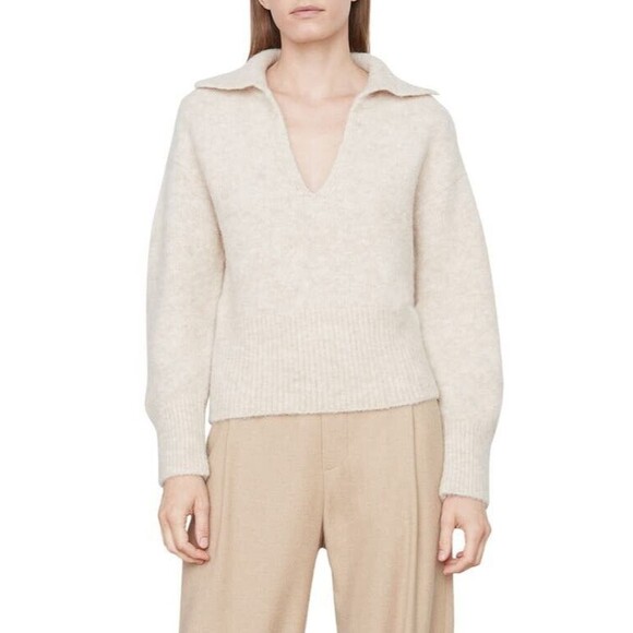 Vince Brushed Collared Sweater Beige XS Sand Dune Alpaca Stretch V-Neck NWT $395 - Picture 1 of 10
